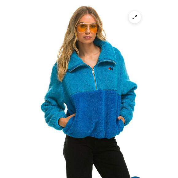 Aviator Nation TEDDY APRES HALF ZIP COLOR BLOCK JACKET - OCEAN Medium - Picture 8 of 8